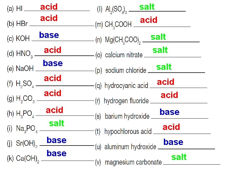 acid base acid salt base salt acid salt acid base salt 