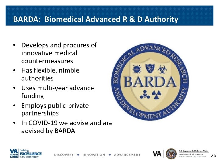 BARDA: Biomedical Advanced R & D Authority • Develops and procures of innovative medical