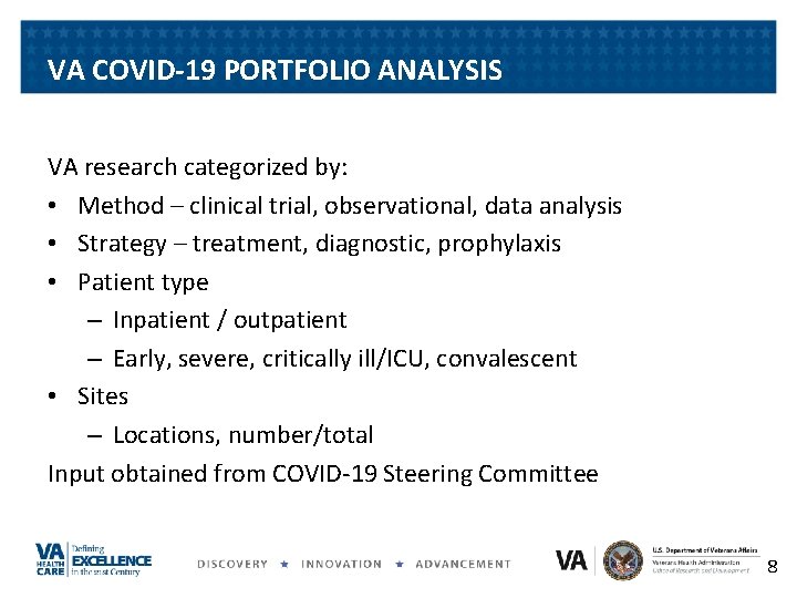 VA COVID-19 PORTFOLIO ANALYSIS VA research categorized by: • Method – clinical trial, observational,
