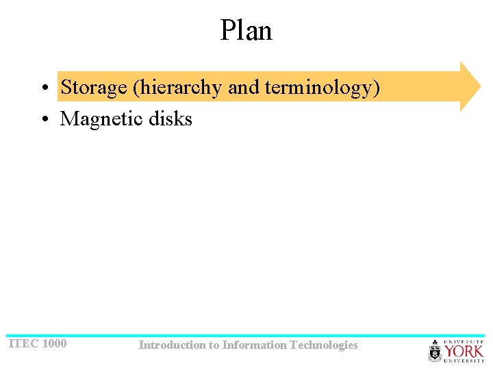 Plan • Storage (hierarchy and terminology) • Magnetic disks ITEC 1000 Introduction to Information