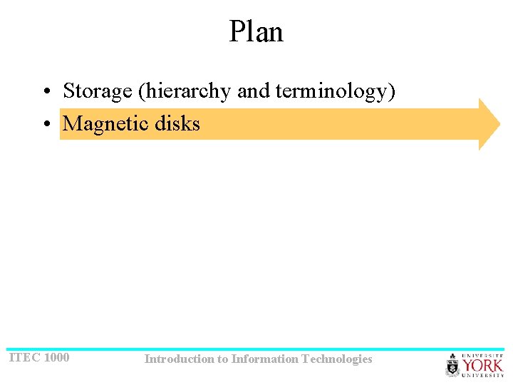 Plan • Storage (hierarchy and terminology) • Magnetic disks ITEC 1000 Introduction to Information