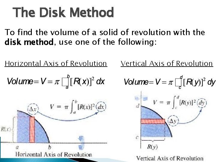 The Disk Method To find the volume of a solid of revolution with the