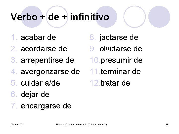 Verbo + de + infinitivo 1. 2. 3. 4. 5. 6. 7. acabar de