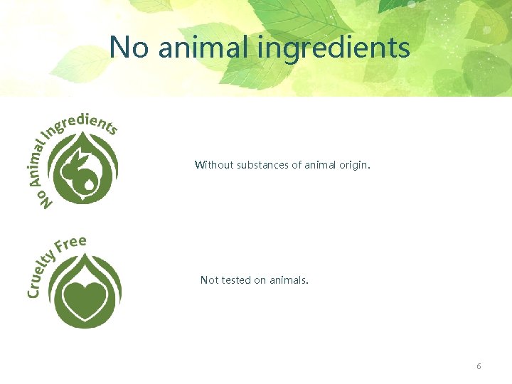 No animal ingredients Without substances of animal origin. Not tested on animals. 6 