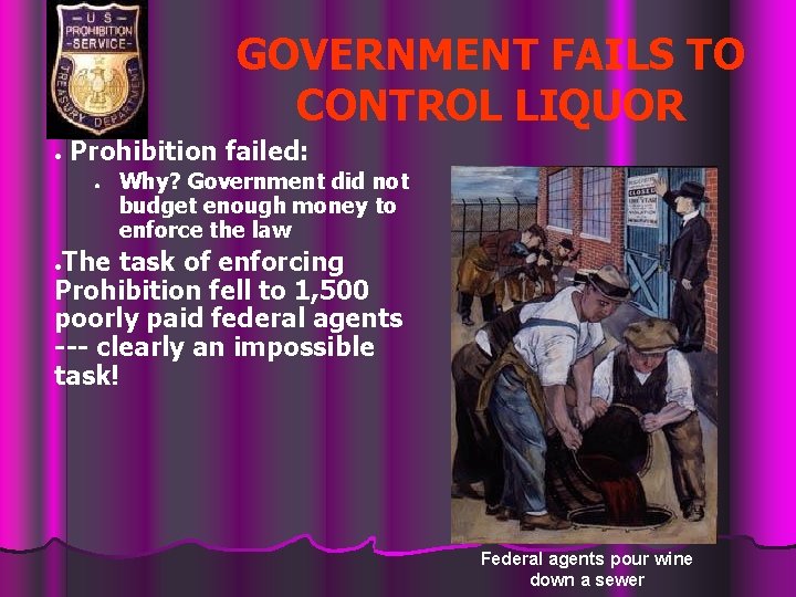 GOVERNMENT FAILS TO CONTROL LIQUOR ● Prohibition failed: ● Why? Government did not budget