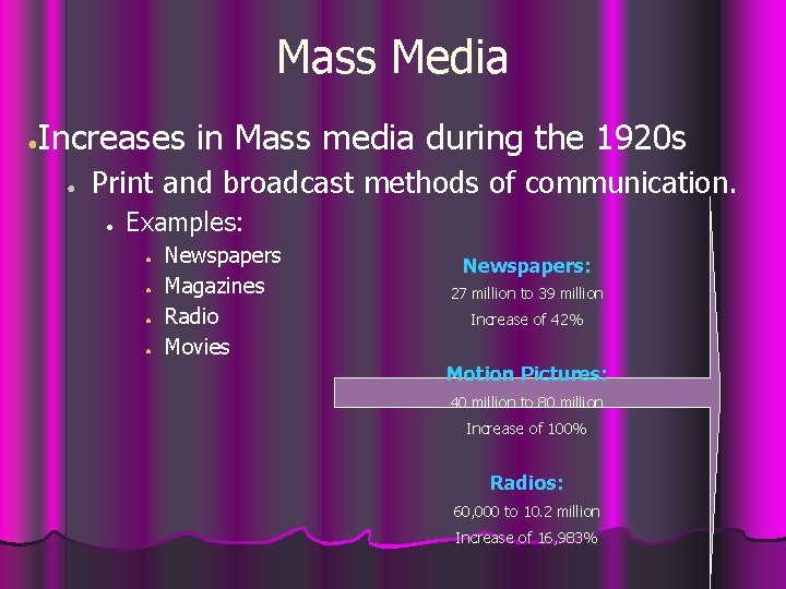 Mass Media ● Increases in Mass media during the 1920 s ● Print and