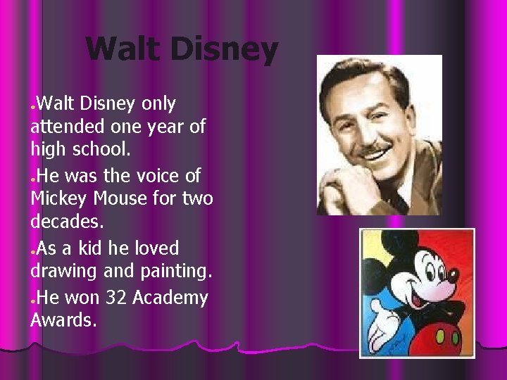 Walt Disney only attended one year of high school. ●He was the voice of