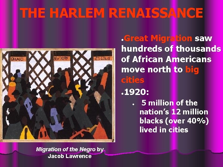 THE HARLEM RENAISSANCE Great Migration saw hundreds of thousands of African Americans move north