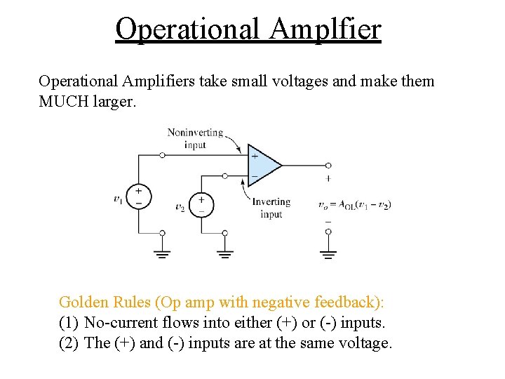 Operational Amplfier Operational Amplifiers take small voltages and make them MUCH larger. Golden Rules
