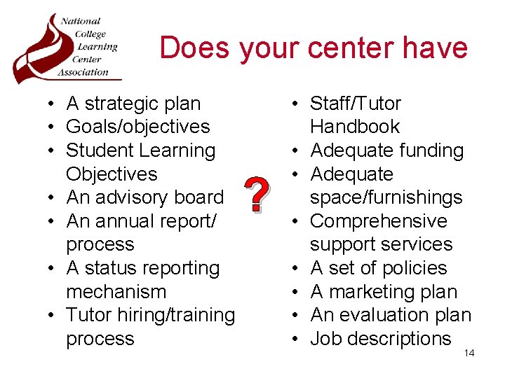 Does your center have • A strategic plan • Goals/objectives • Student Learning Objectives