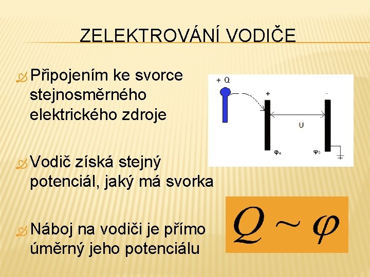 ZELEKTROVÁNÍ VODIČE Připojením ke svorce stejnosměrného elektrického zdroje Vodič získá stejný potenciál, jaký má