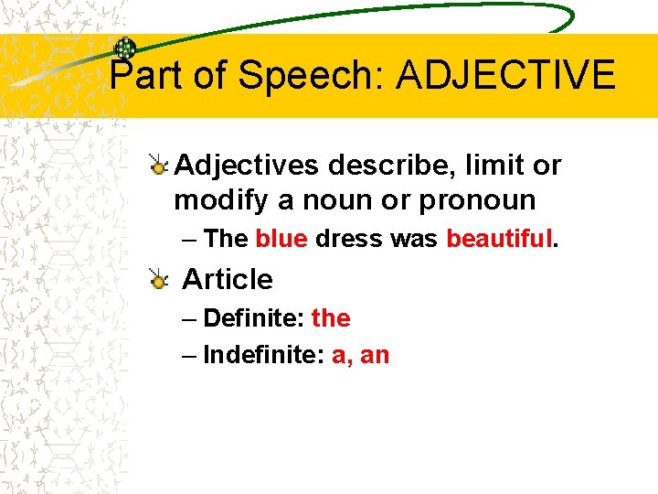 Part of Speech: ADJECTIVE Adjectives describe, limit or modify a noun or pronoun – Part of Speech: ADJECTIVE Adjectives describe, limit or modify a noun or pronoun –