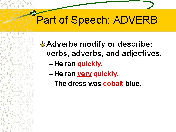 Part of Speech: ADVERB Adverbs modify or describe: verbs, adverbs, and adjectives. – He Part of Speech: ADVERB Adverbs modify or describe: verbs, adverbs, and adjectives. – He