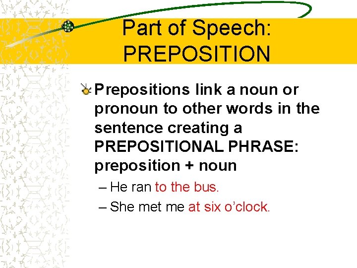 Part of Speech: PREPOSITION Prepositions link a noun or pronoun to other words in Part of Speech: PREPOSITION Prepositions link a noun or pronoun to other words in