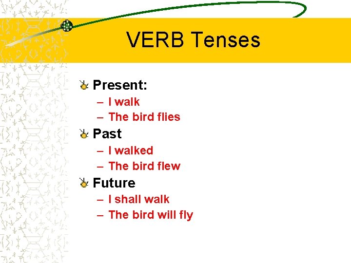 VERB Tenses Present: – I walk – The bird flies Past – I walked VERB Tenses Present: – I walk – The bird flies Past – I walked