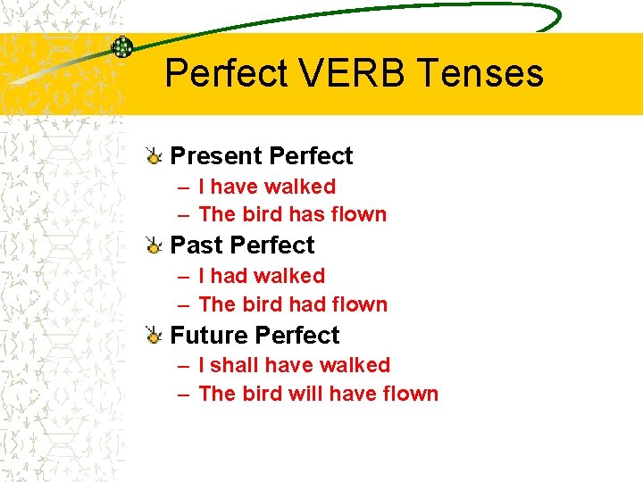 Perfect VERB Tenses Present Perfect – I have walked – The bird has flown Perfect VERB Tenses Present Perfect – I have walked – The bird has flown