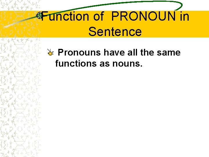 Function of PRONOUN in Sentence Pronouns have all the same functions as nouns. Function of PRONOUN in Sentence Pronouns have all the same functions as nouns.