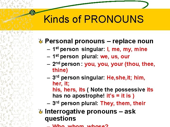 Kinds of PRONOUNS Personal pronouns – replace noun – 1 st person singular: I, Kinds of PRONOUNS Personal pronouns – replace noun – 1 st person singular: I,