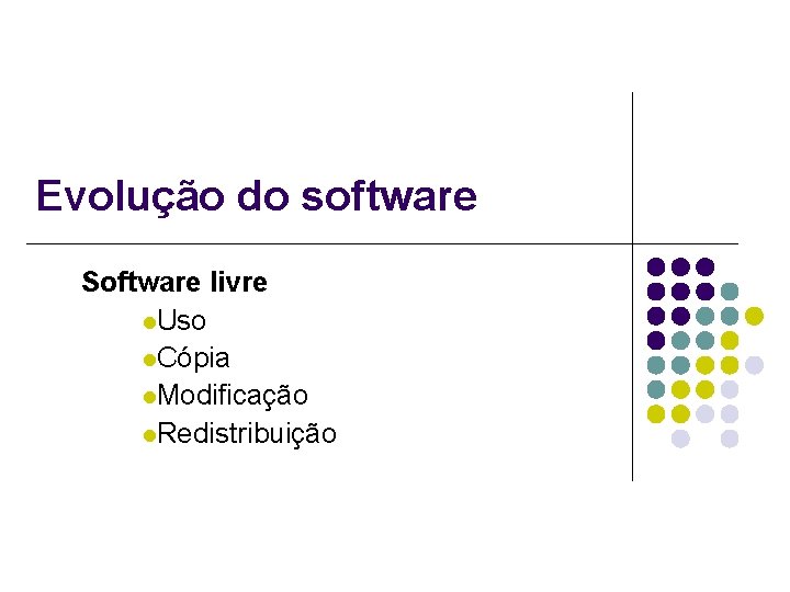 Evolução do software Software livre l. Uso l. Cópia l. Modificação l. Redistribuição 