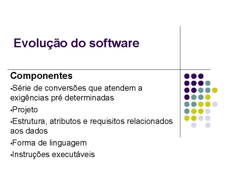 Evolução do software Componentes • Série de conversões que atendem a exigências pré determinadas