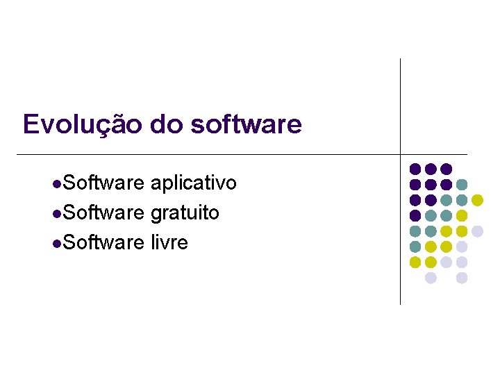 Evolução do software l. Software aplicativo l. Software gratuito l. Software livre 