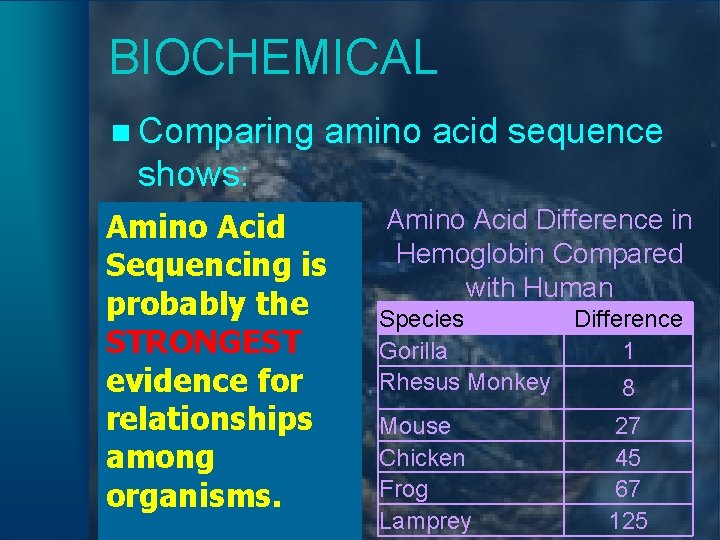 BIOCHEMICAL n Comparing amino acid sequence shows: Acid of ãAmino Closeness Sequencing relationshipis probably