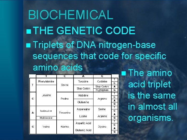 BIOCHEMICAL n THE GENETIC CODE n Triplets of DNA nitrogen-base sequences that code for
