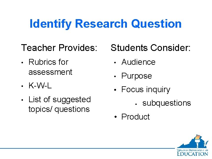 Identify Research Question Teacher Provides: • Rubrics for assessment • K-W-L • List of