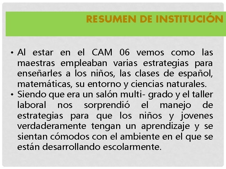 RESUMEN DE INSTITUCIÓN • Al estar en el CAM 06 vemos como las maestras RESUMEN DE INSTITUCIÓN • Al estar en el CAM 06 vemos como las maestras