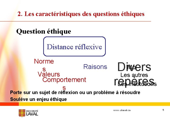 2. Les caractéristiques des questions éthiques Question éthique Distance réflexive Norme Raisons s Valeurs