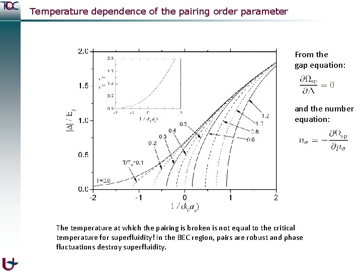 Temperature dependence of the pairing order parameter From the gap equation: and the number