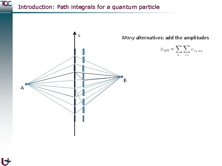 Introduction: Path integrals for a quantum particle x Many alternatives: add the amplitudes B