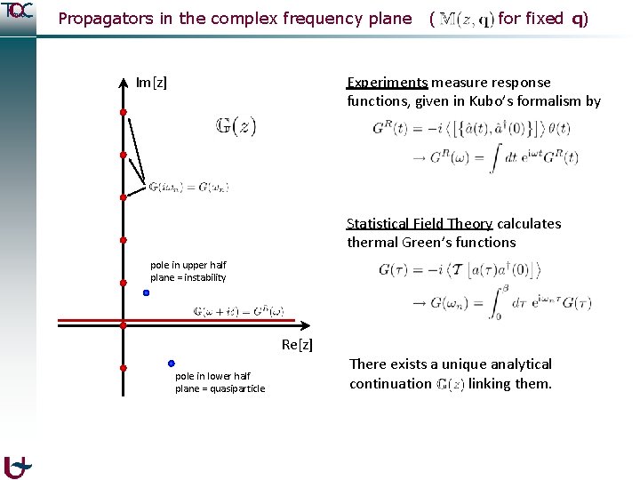 Propagators in the complex frequency plane Im[z] ( for fixed q) Experiments measure response