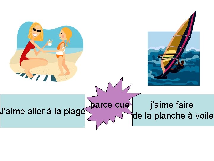 J’aime aller à la plage parce que j’aime faire de la planche à voile