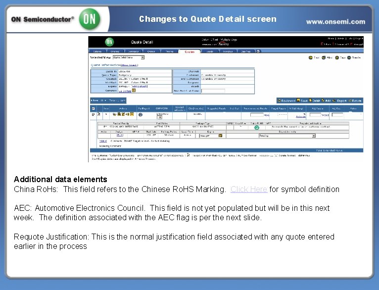 Changes to Quote Detail screen Additional data elements China Ro. Hs: This field refers