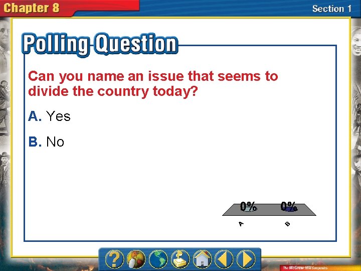 Can you name an issue that seems to divide the country today? A. Yes