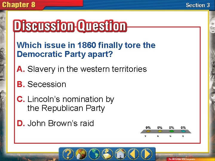 Which issue in 1860 finally tore the Democratic Party apart? A. Slavery in the