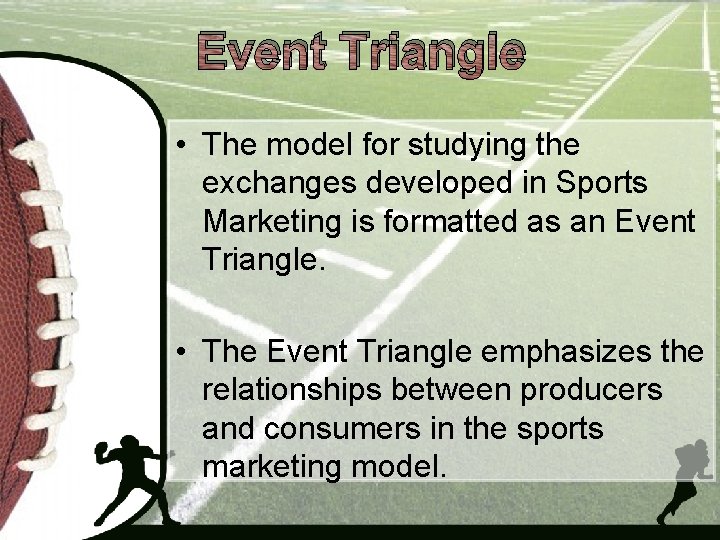 Event Triangle • The model for studying the exchanges developed in Sports Marketing is