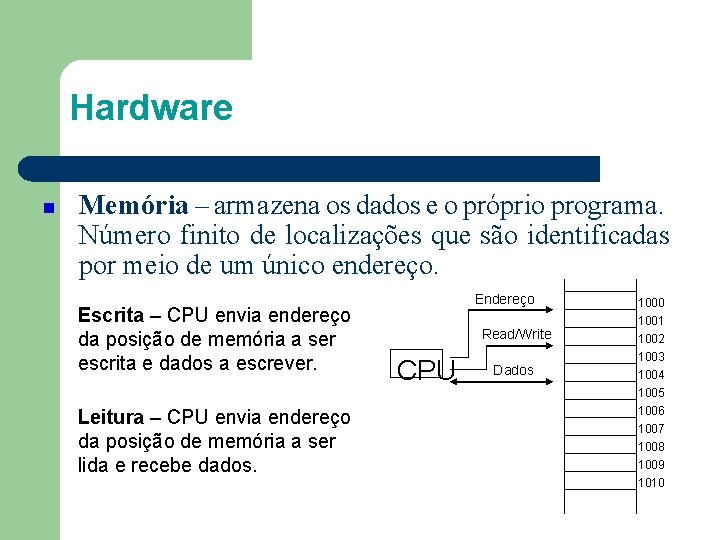 Hardware Memória – armazena os dados e o próprio programa. Número finito de localizações