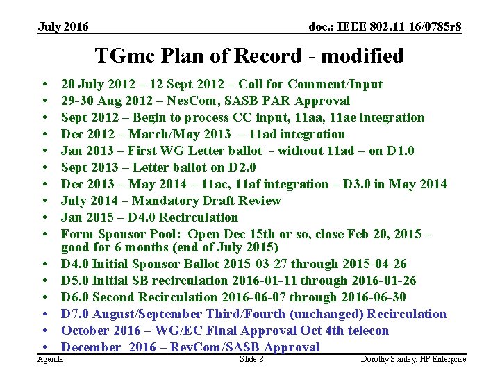 July 2016 doc. : IEEE 802. 11 -16/0785 r 8 TGmc Plan of Record