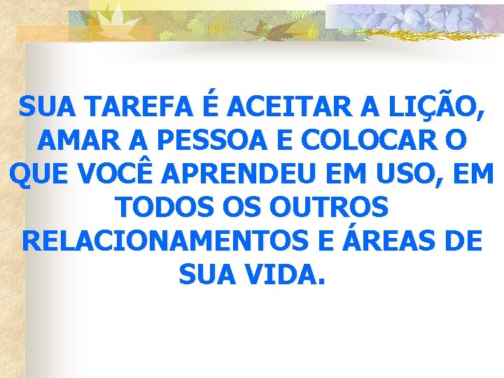 SUA TAREFA É ACEITAR A LIÇÃO, AMAR A PESSOA E COLOCAR O QUE VOCÊ