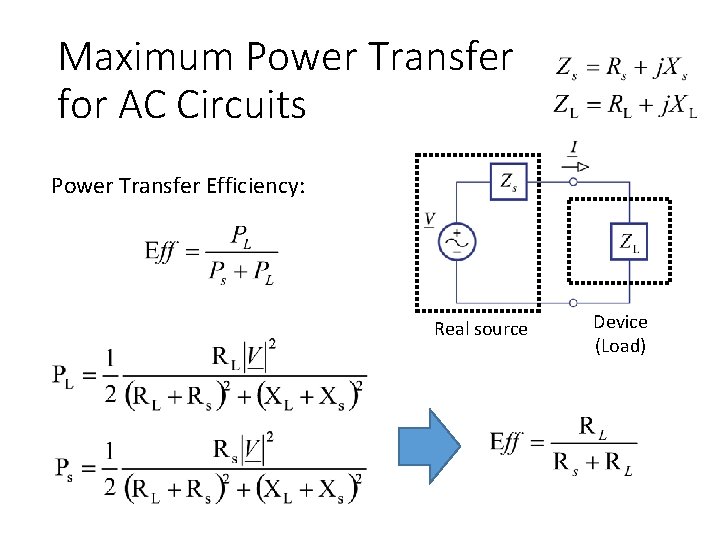 Maximum Power Transfer for AC Circuits Power Transfer Efficiency: Real source Device (Load) 