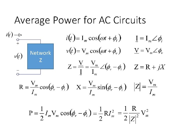 Average Power for AC Circuits Network Z 