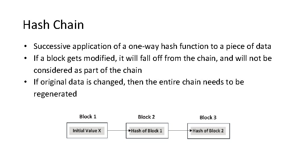 Hash Chain • Successive application of a one-way hash function to a piece of