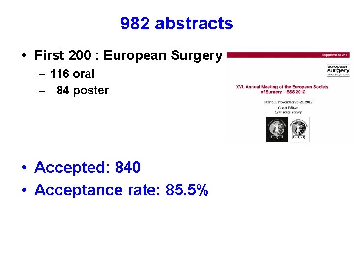 982 abstracts • First 200 : European Surgery – 116 oral – 84 poster