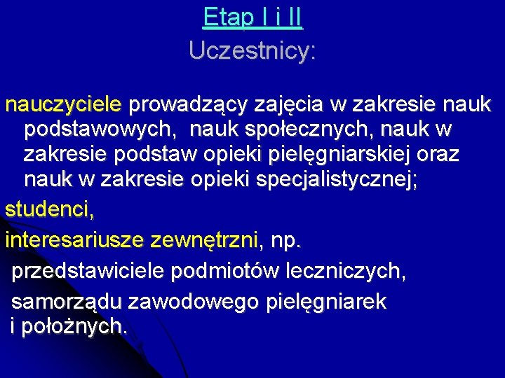 Etap I i II Uczestnicy: nauczyciele prowadzący zajęcia w zakresie nauk podstawowych, nauk społecznych,