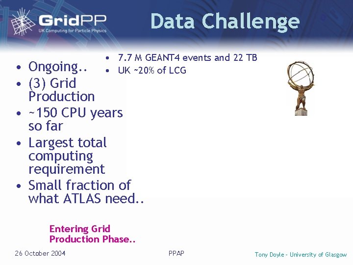 Data Challenge • 7. 7 M GEANT 4 events and 22 TB • UK