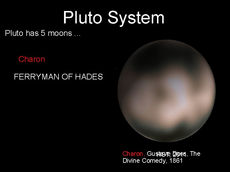Pluto System Pluto has 5 moons. . . Charon FERRYMAN OF HADES Charon, Gustave