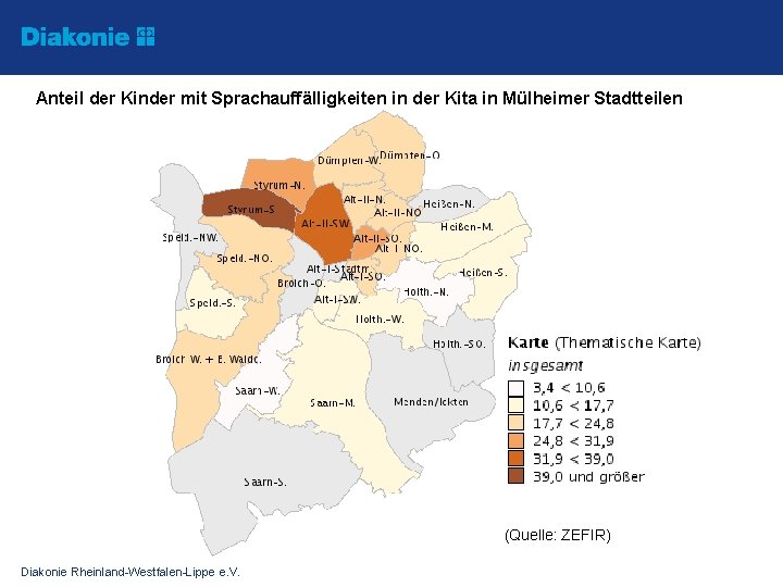 Anteil der Kinder mit Sprachauffälligkeiten in der Kita in Mülheimer Stadtteilen (Quelle: ZEFIR) Diakonie