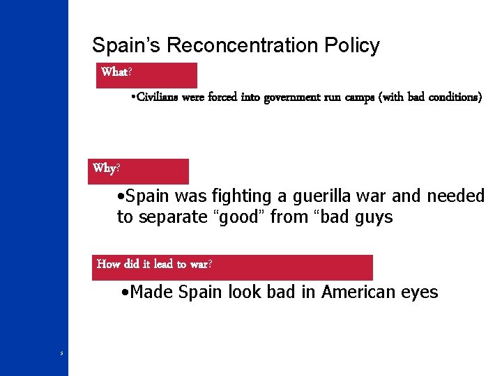 Spain’s Reconcentration Policy What? • Civilians were forced into government run camps (with bad